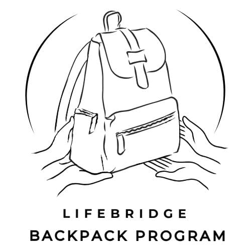 The Lifebridge Backpack Program logo shows a backpack being exchanged between two pairs of hands.