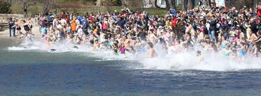 A photograph of a crowd of polar plunge participants running into the water.