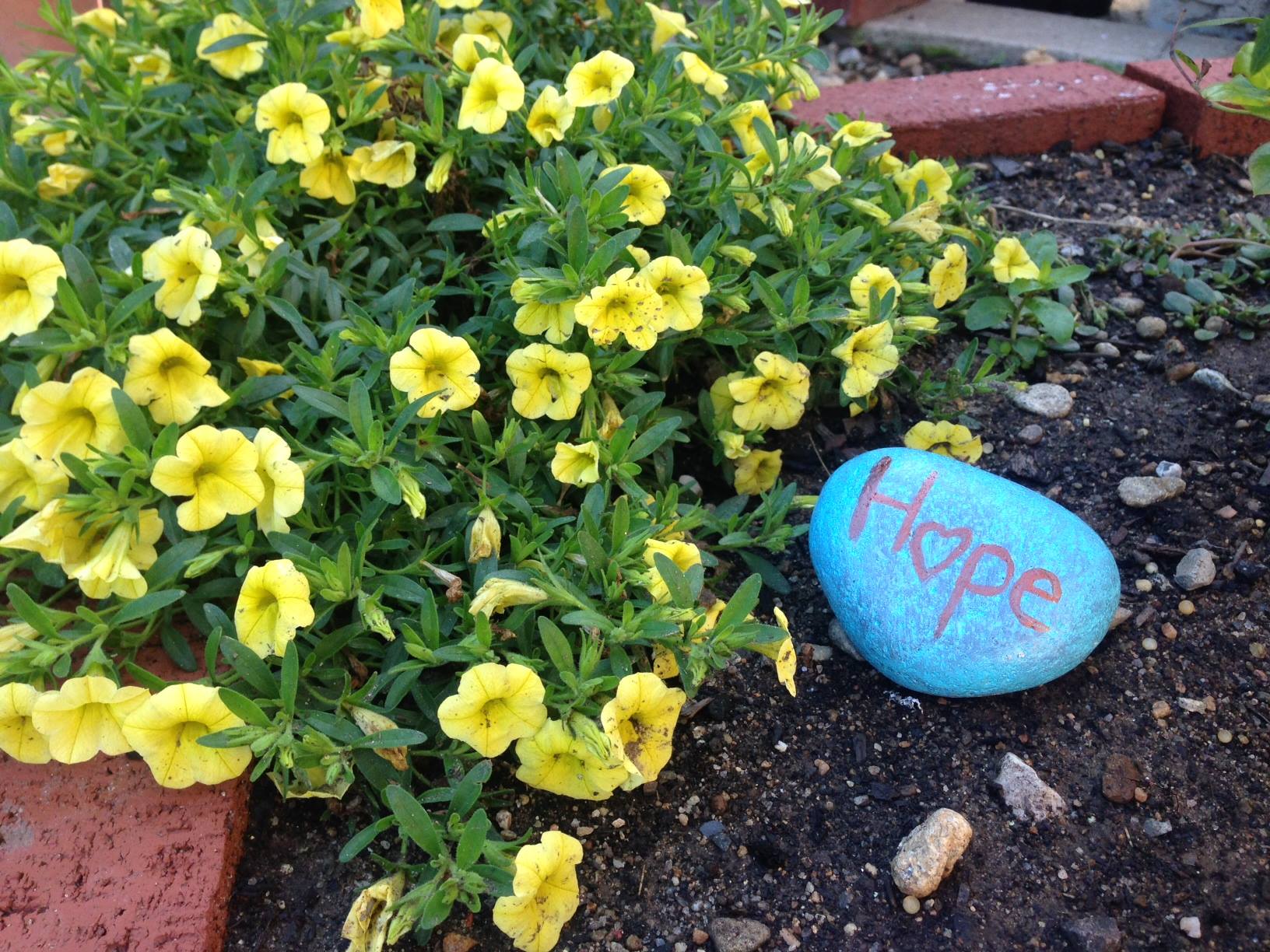 Hope rock in garden with flowers